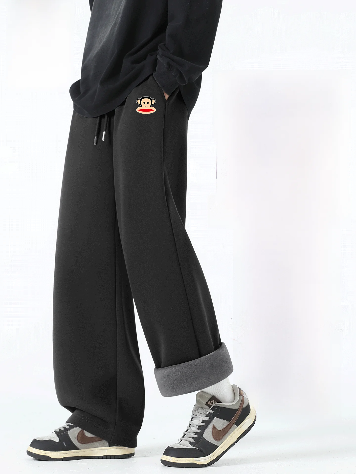 

Fce Lined Wide Leg Sports Pants Men's Autumn Winter Heavyweight Warm Straight Casual Trousers Youth Leisure Wear