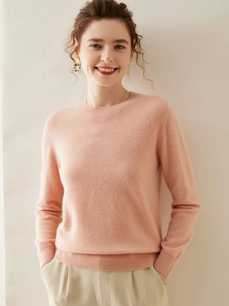 Suéter de cachemira de invierno para mujer, jersey con cuello redondo, manga larga, color sólido con parte inferior de punto