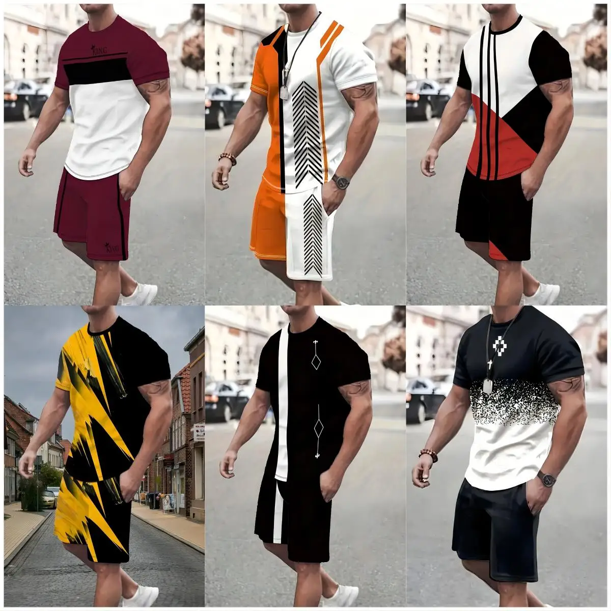 Men's Outfit Color Matching Arrows 3D Print Crew Neck Short Sleeve T-Shirt & Shorts 2-piece Set For Summer Outdoor Activities