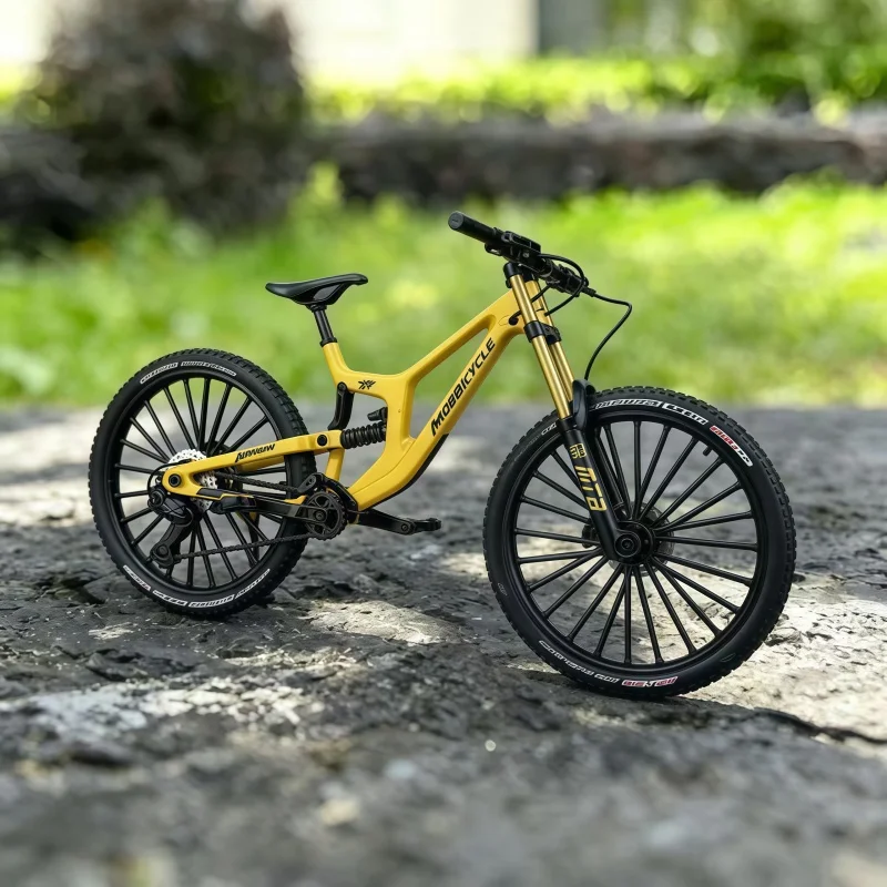 Modelo de bicicleta de montaña de aleación a escala 1:6, réplica de bicicleta de descenso con suspensión completa y neumáticos de goma TPR, para exhibición y colección en el escritorio.