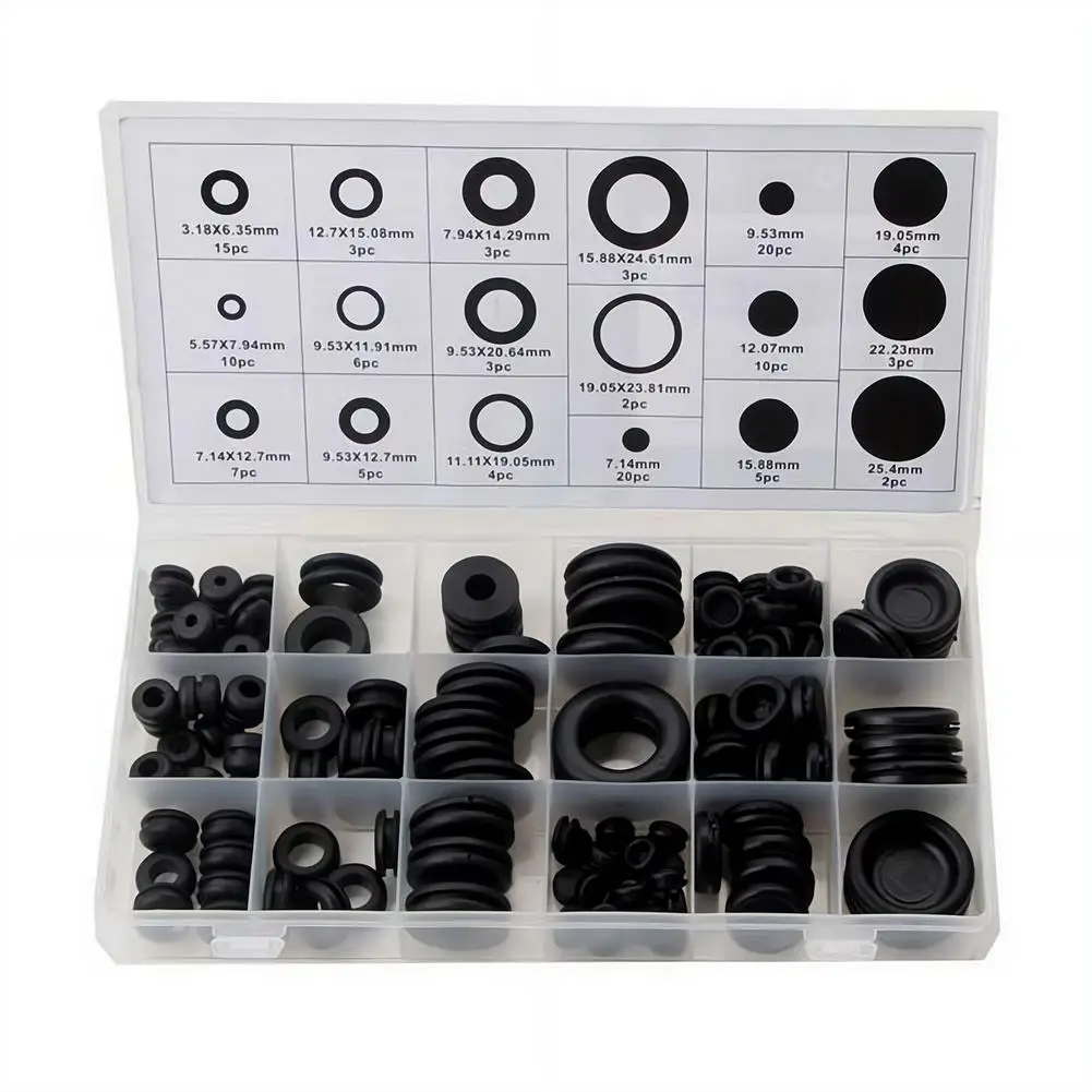 125pcs Black Rubber Flame-Retardant Cable Grommet Set - Single/Double-Sided Waterproof Assorted Sizes in Box