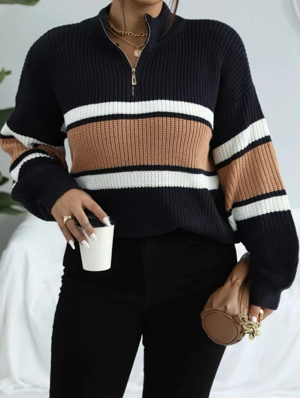 Stylish Striped Zip Up Sweater  Casual Loose Long Sleeve Sweater Casual Tops For Fall & Winter Women\'s Clothing