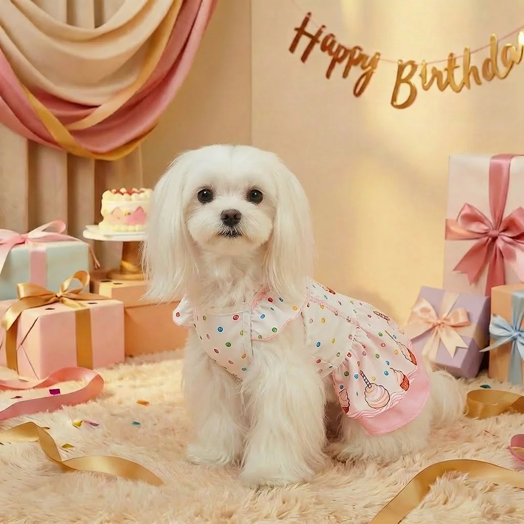 Vestido cumpleaños perro gato estampado judías cupcakes volantes - imagen 2