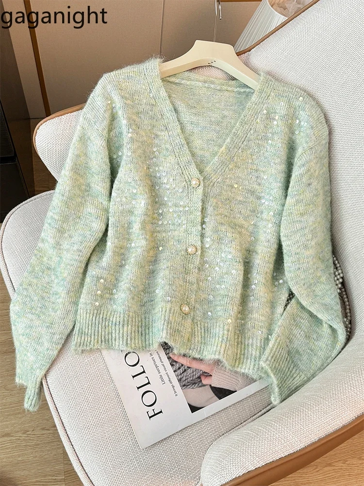 Gaganight Women Gentle Sparkling V neck Single Breasted Long Sleeved Knitted Cardigan 2024 Autumn New Korean Chic Unique Sweater