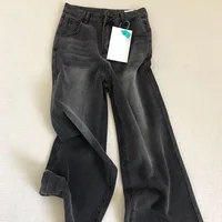 Pantalones vaqueros Retro negros y grises de cintura alta para mujer, pantalones vaqueros de pierna recta a la moda, pantalones informales finos holgados para niñas