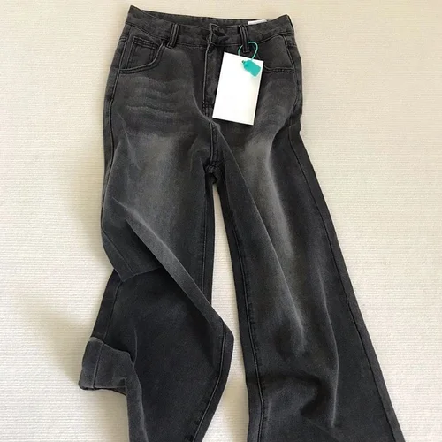 Pantalones vaqueros Retro negros y grises de cintura alta para mujer, pantalones vaqueros de pierna recta a la moda, pantalones informales finos holgados para niñas