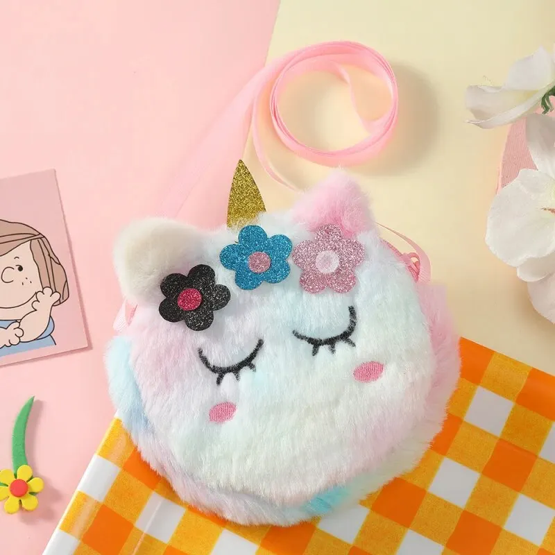 Bolso cruzado para niños, monedero de dibujos animados de unicornio de peluche, bolso cruzado con flores para niña, bolso de hombro portátil para cien