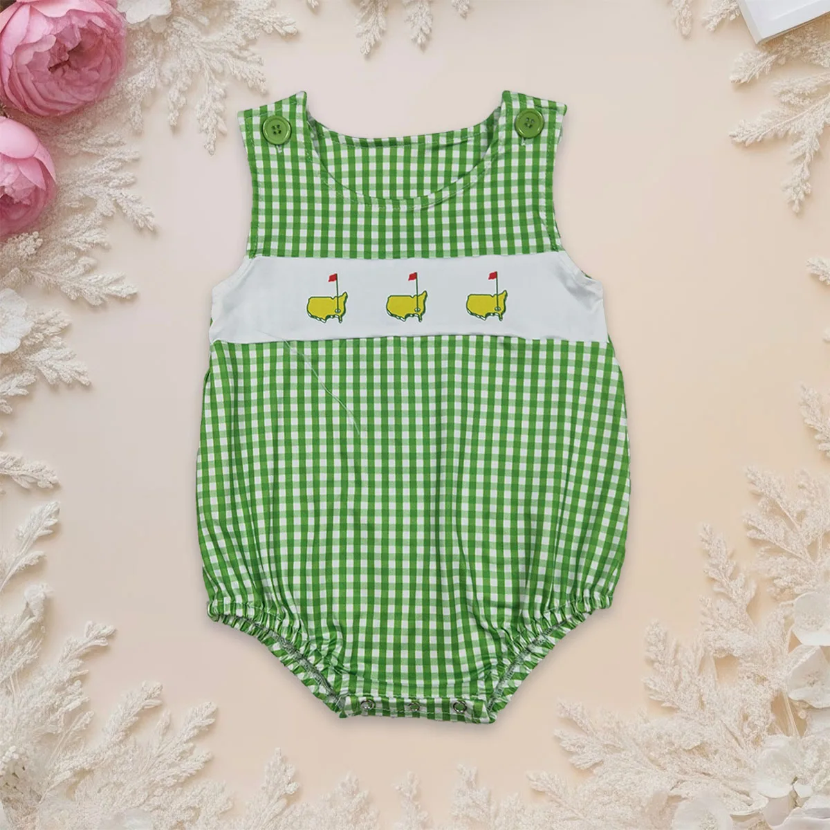 

Newborn Baby Boy Short Sleeve Bubbles Kids Green Checked Plaid Golf Flags Toddler Buttons Romper Jumpsuit Onesies Wholesale