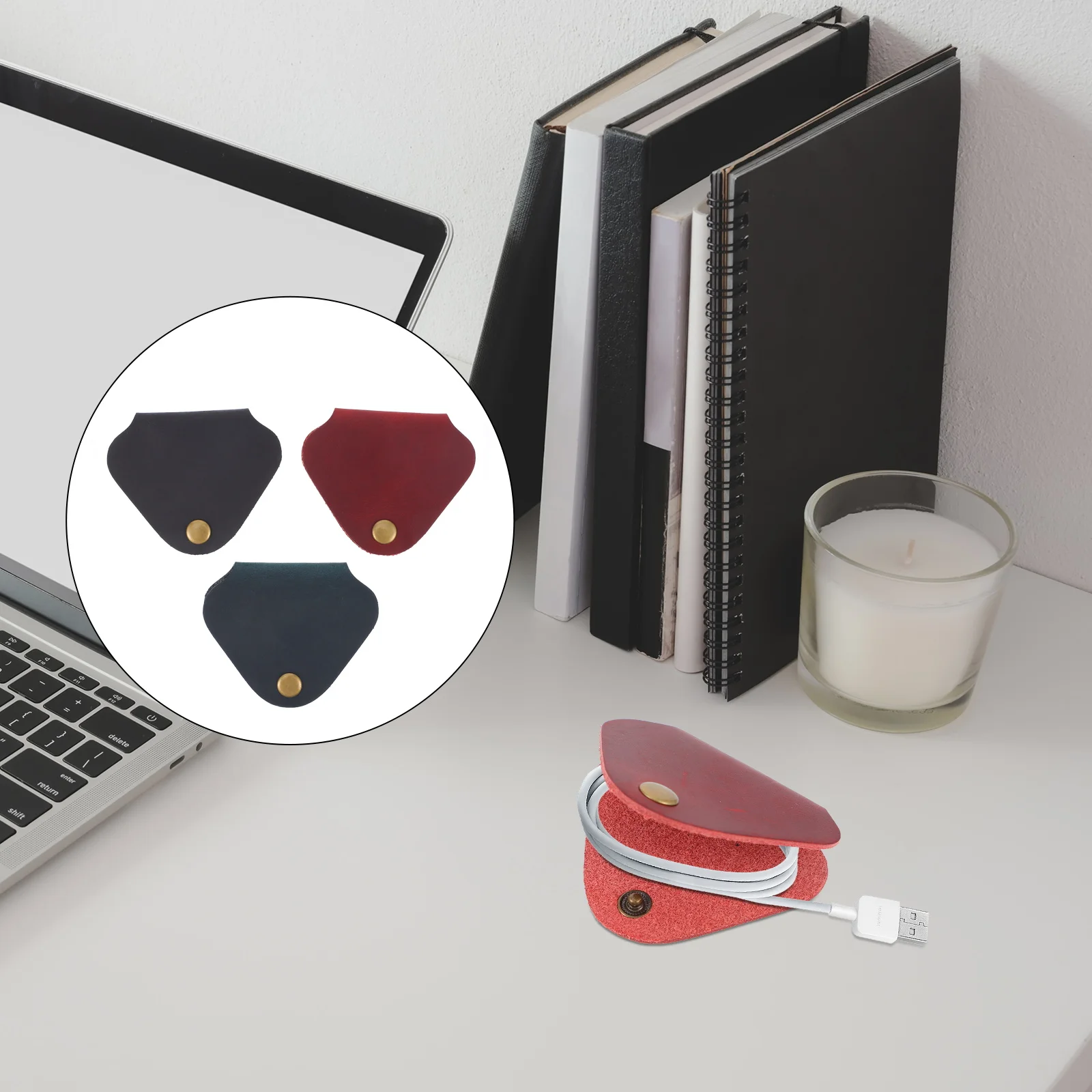 

3pcs ganizer Wire Winder Clips Retro USB Straps Cowhide Usb Cable Clips Headphone Holder Black Blue Red
