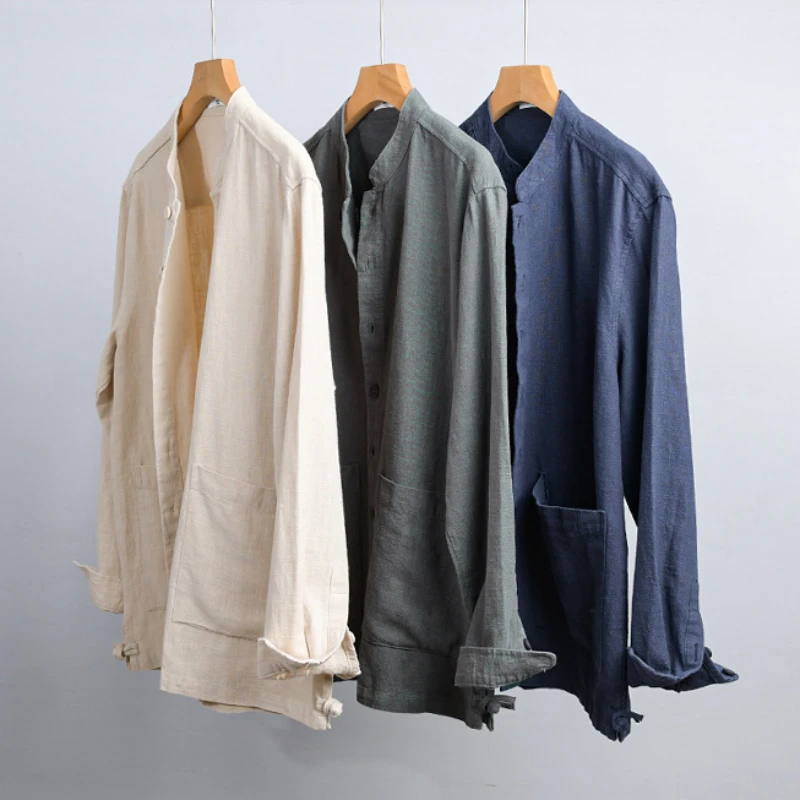2024 Spring Autumn New Simple Casual Long Sleeve Shirts for Men Clothing Cotton and Linen Stand Collar Soft Streetwear FY9905