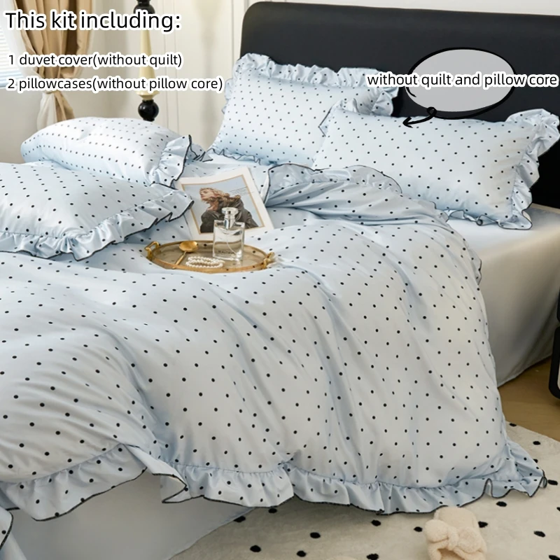 3-teiliges Bettbezug-Set aus koreanischer Spitze (1 x Bettbezug + 2 x Kissenbezug, ohne Kern), Bettwäsche-Set mit schwarzem Punktmuster – Detail 8