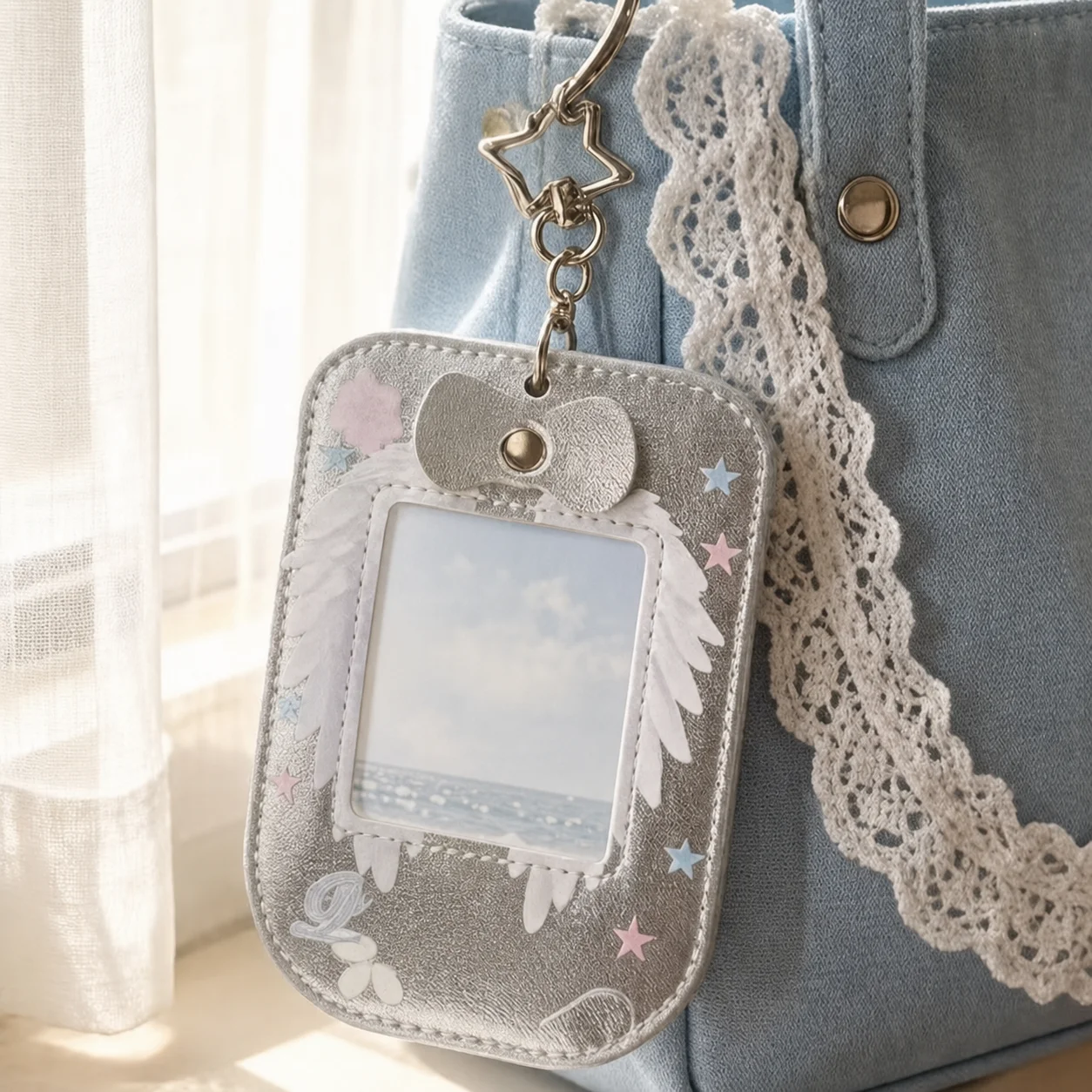 Ins Shiny Pu Leather Angel Wing Photocard Holder Waterproof Id Card Protector With Star Metal Clasp Bag Charm