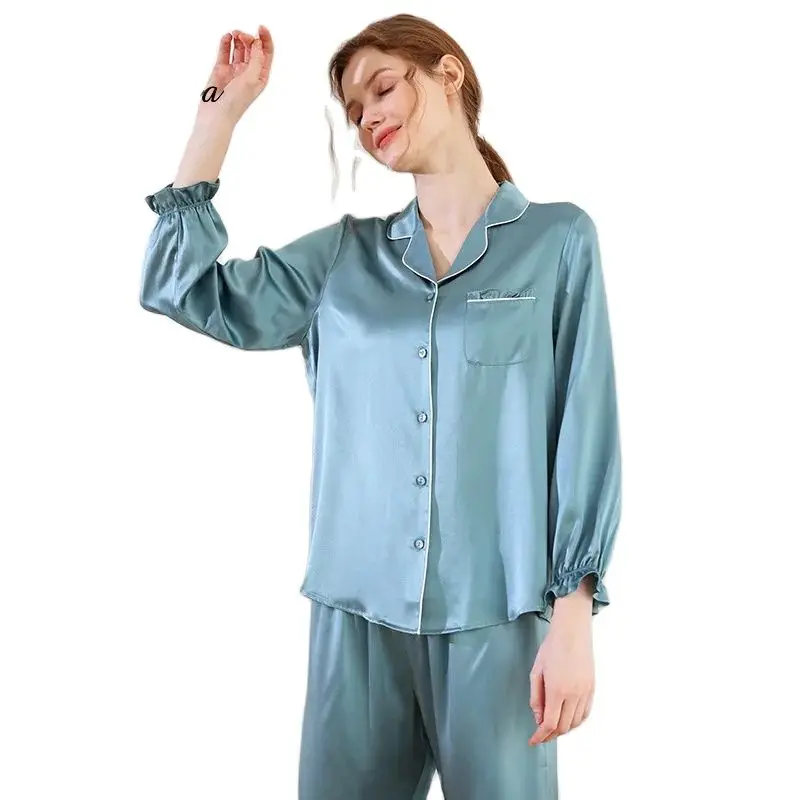 Conjunto de pijama BirdTree-seda para mulheres, 100% seda amoreira, lapela, manga ruched, loungewear casual elegante, nova primavera, 19mm, S419111QM, 2020