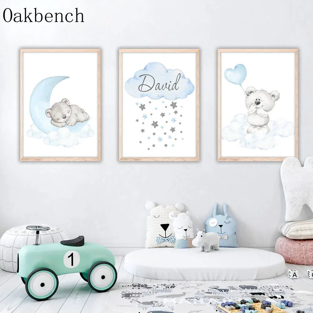 Moon Cloud Canvas Poster Bear Balloon Art Prints Custom Name Print Pictures Nursery Wall Posters Baby Boy And Girl Bedroom Decor