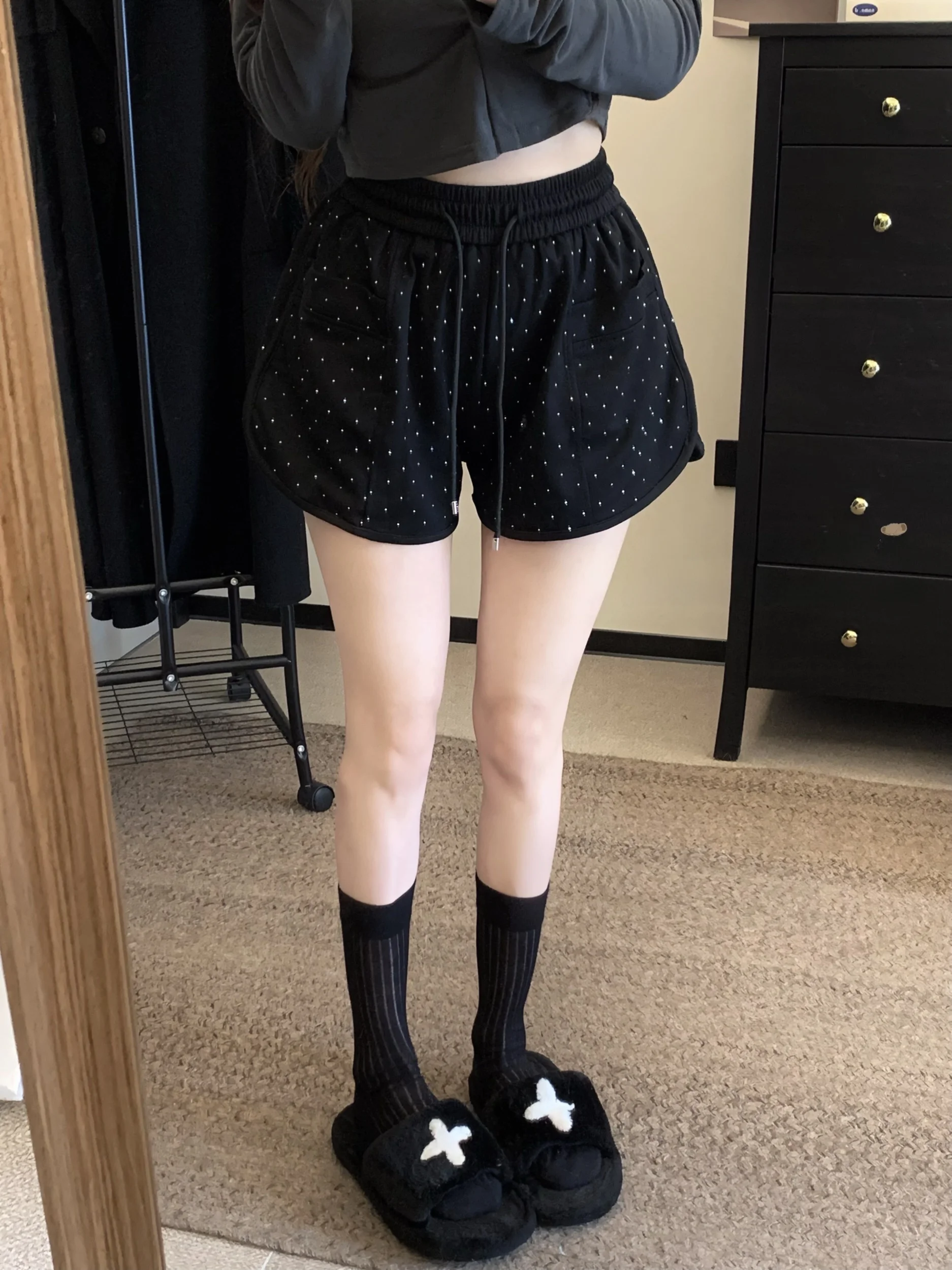 

Женские летние повседневные брюки Bla с высокой талией, широкими штанинами и стразами, в корейском стиле, прямые, для работы и отдыха