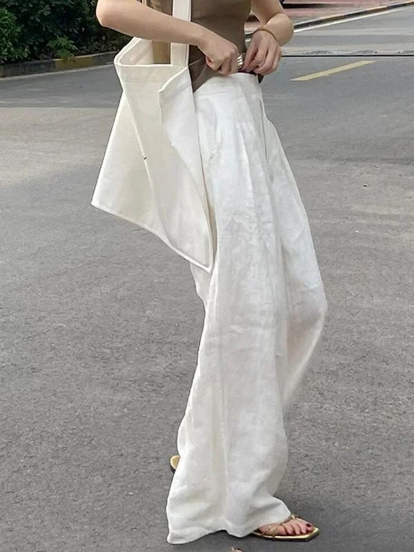 2025 여름 신상 한국 스타일 와이드 레그 팬츠 여성용 플리츠 디자인 슬림핏 드레이프 캐주얼 바지 하이웨이스트 스트레이트 컷