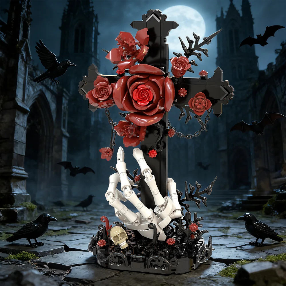 

Конструктор MOC: Крест с розой и красной надписью, готический 3D-дизайн скелетной руки, декор для дома, игрушка-конструктор, подарок для взрослых