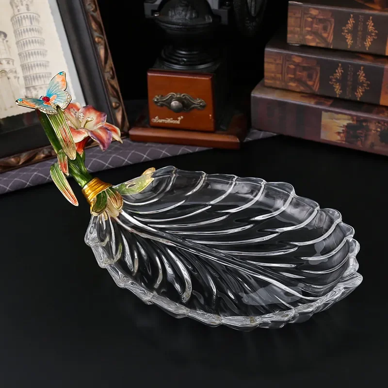 Modern Luxury Glass Fruit Plate Enamel Petal Design Decorative Bowl for Living Room Coffee Table Dining Home Ornament Stylish