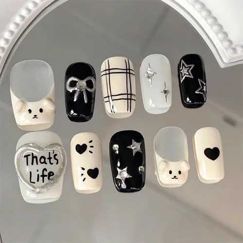10 Uds. De uñas postizas cortas con forma de corazón de cachorro, uñas postizas para niña, extraíble, usable, blanco, negro, arte de uñas bonito