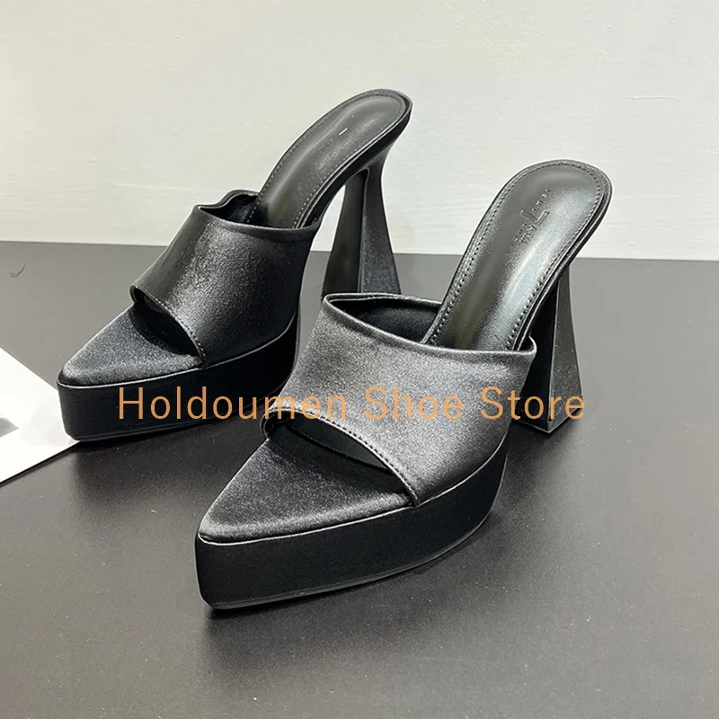 الساتان أشار تو منصة عالية النعال النسائية كعب مكتنز الانزلاق على الصيف عطلة نمط النعال سيدة الموضة المنصة الأحذية #5