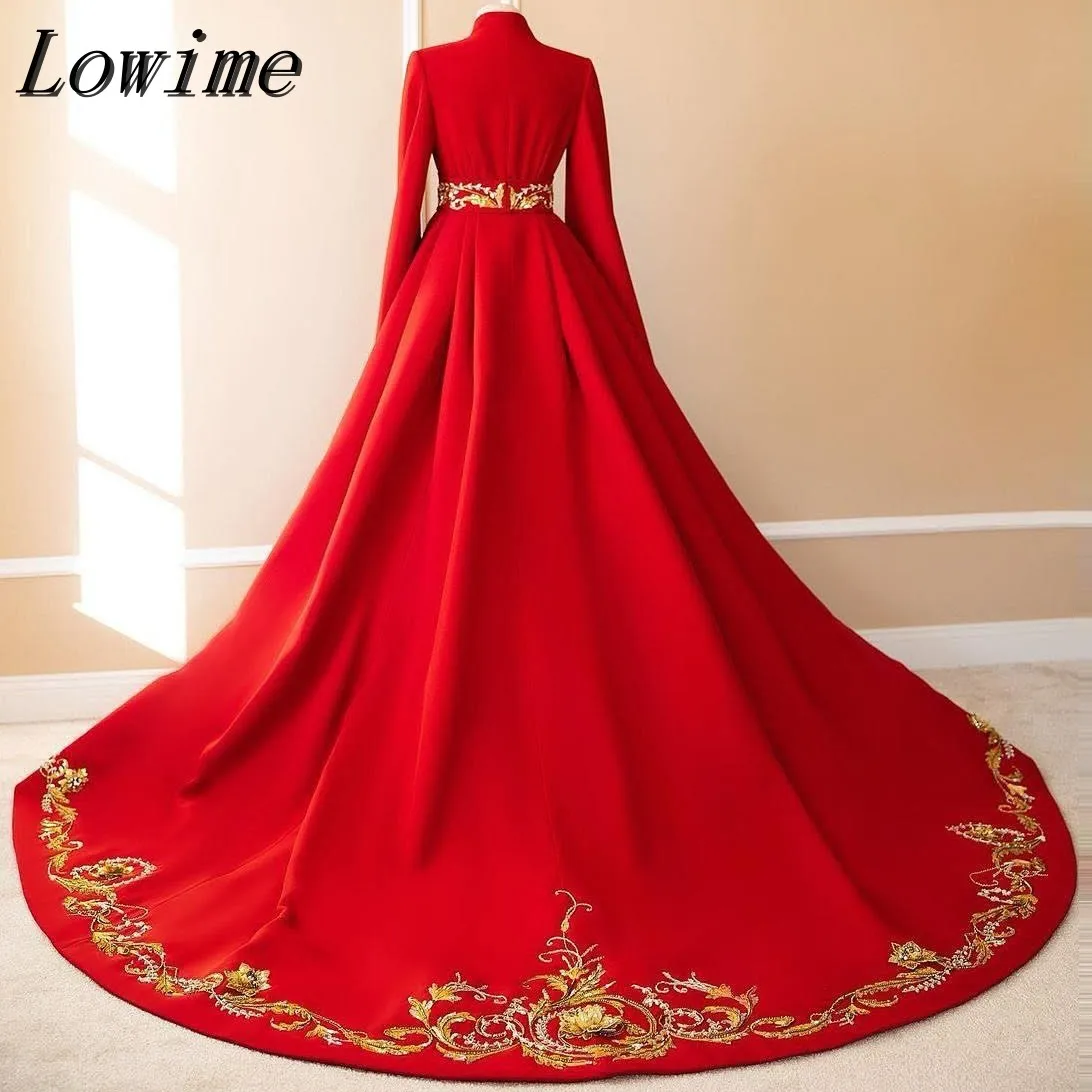 

Customized High-End Bright Red Embroidered Wedding Gown Long-Sleeved Church Wedding Robe for Women Elegant Wedding Party Ball