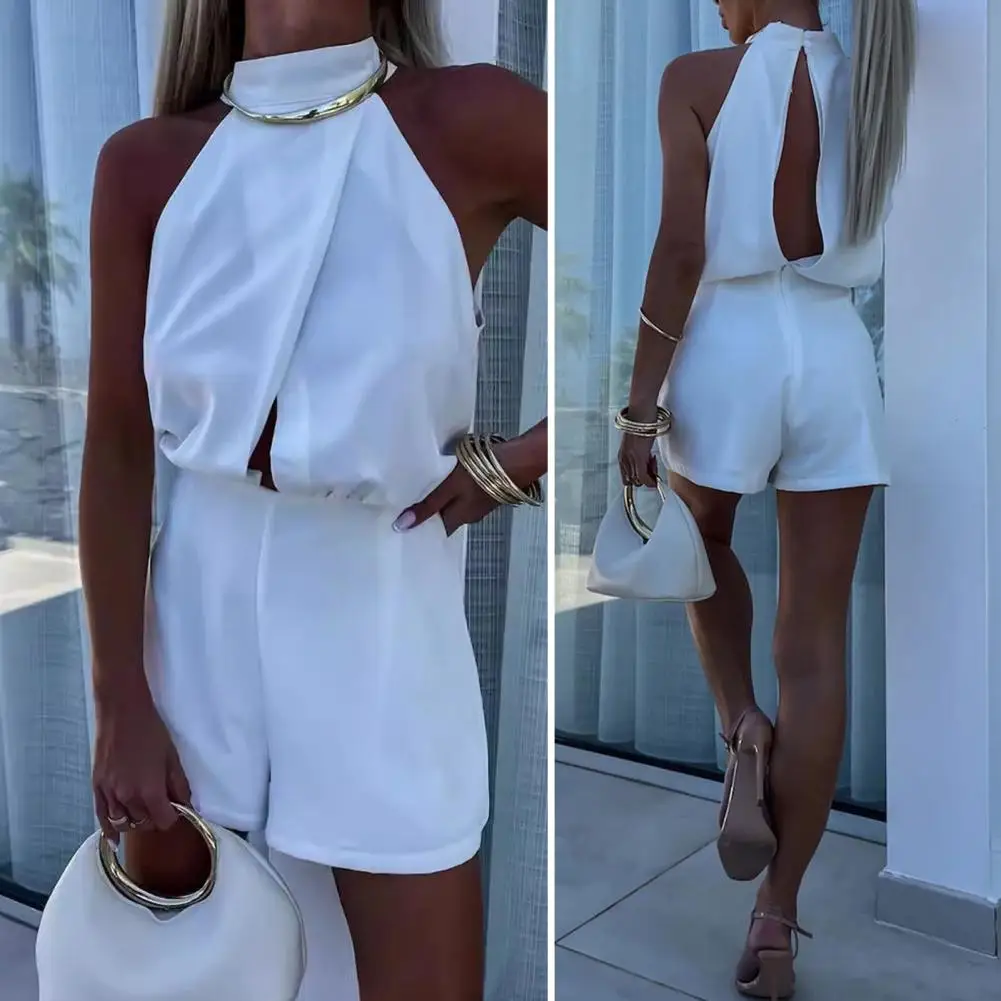 Lady Open Back Romper Elegant Women's Off Shoulder Romper with High Collar Hollow Back for Work Shopping or Date Night for Any