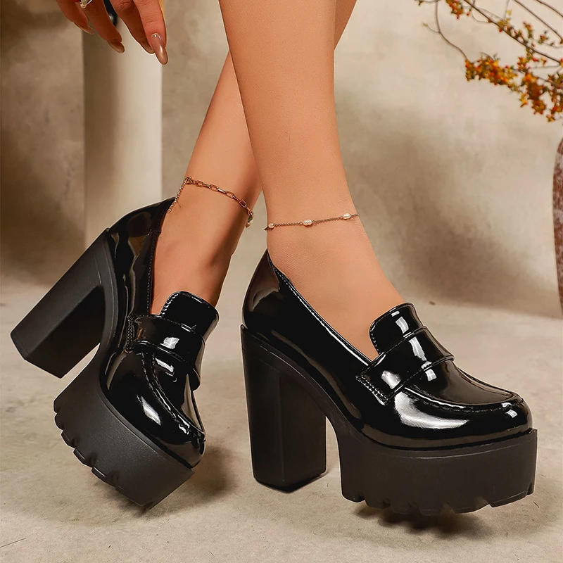 

Black Patent Leather Chunky Heel Pumps Women 2026 Super High Heels Loafers Woman Plus Size 43 Thick Heeled Office Work Shoes