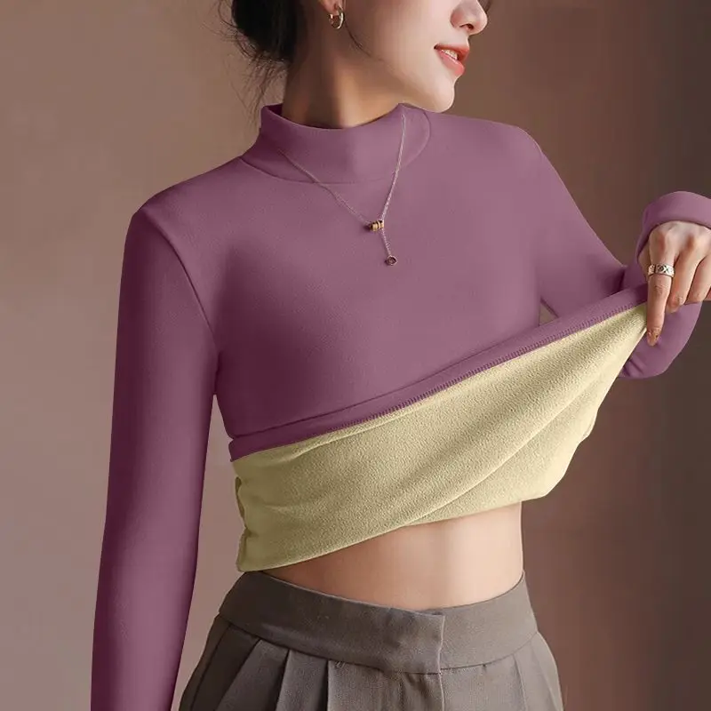 النساء الشتاء القمم الحرارية الحميمة عالية طوق الصوف مبطن ملابس داخلية الحرارية قاع قميص التدفئة الألياف الترمس قميص #2