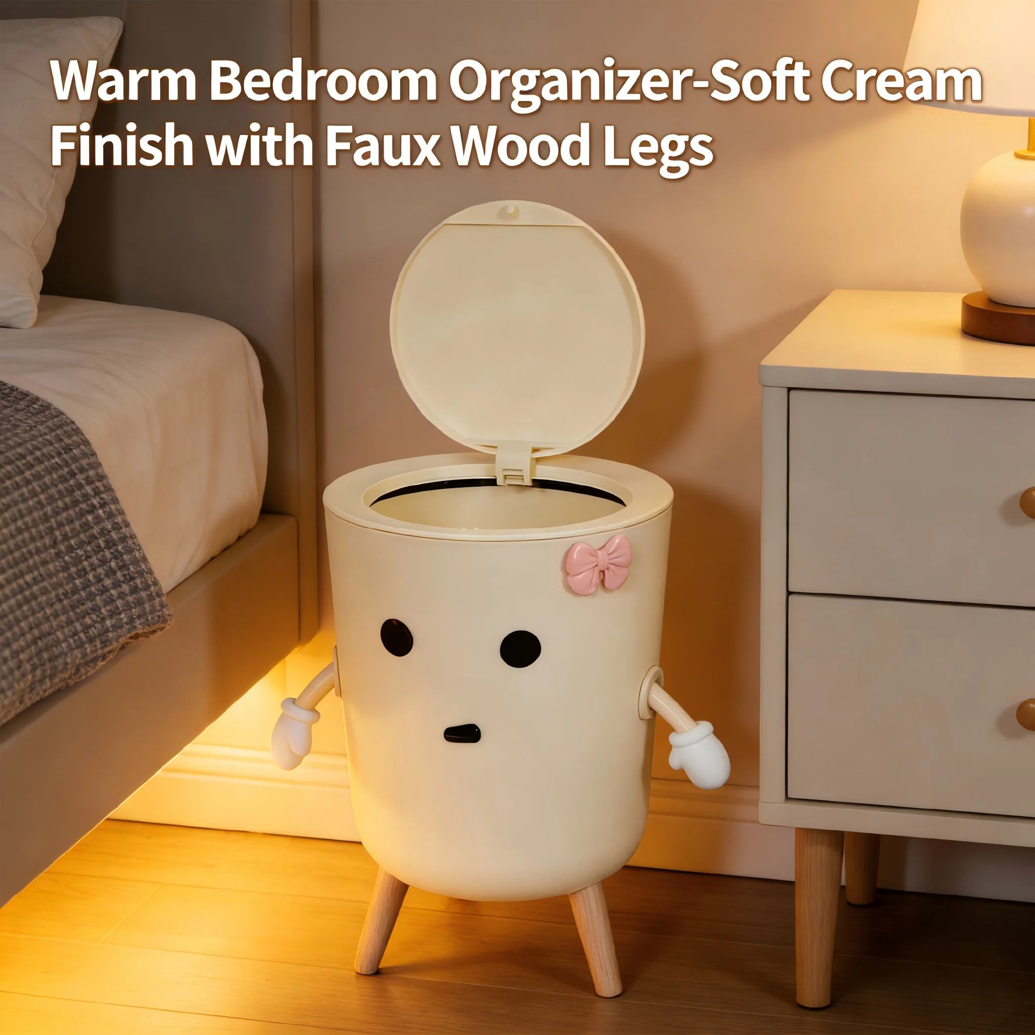 

Cute Cartoon Trash Can with Flip Lid, Cream White Aesthetic Waste Basket with Faux Wood Legs, Small Decorative Garbage Bin for B
