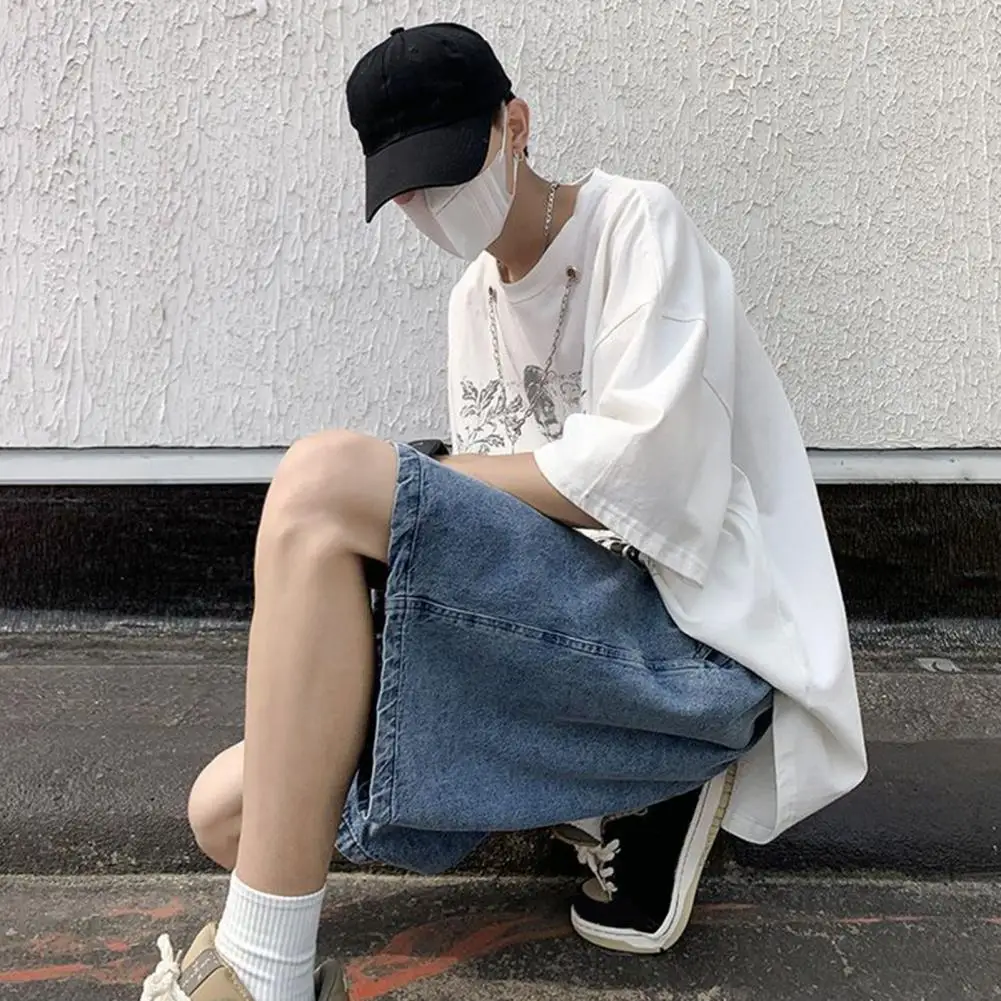 Loose Fit Shorts Wide Leg Men's Denim Shorts Elastic Waistband Adjustable Drawstring Casual Loose Fit Stylish Thin Washed Shorts