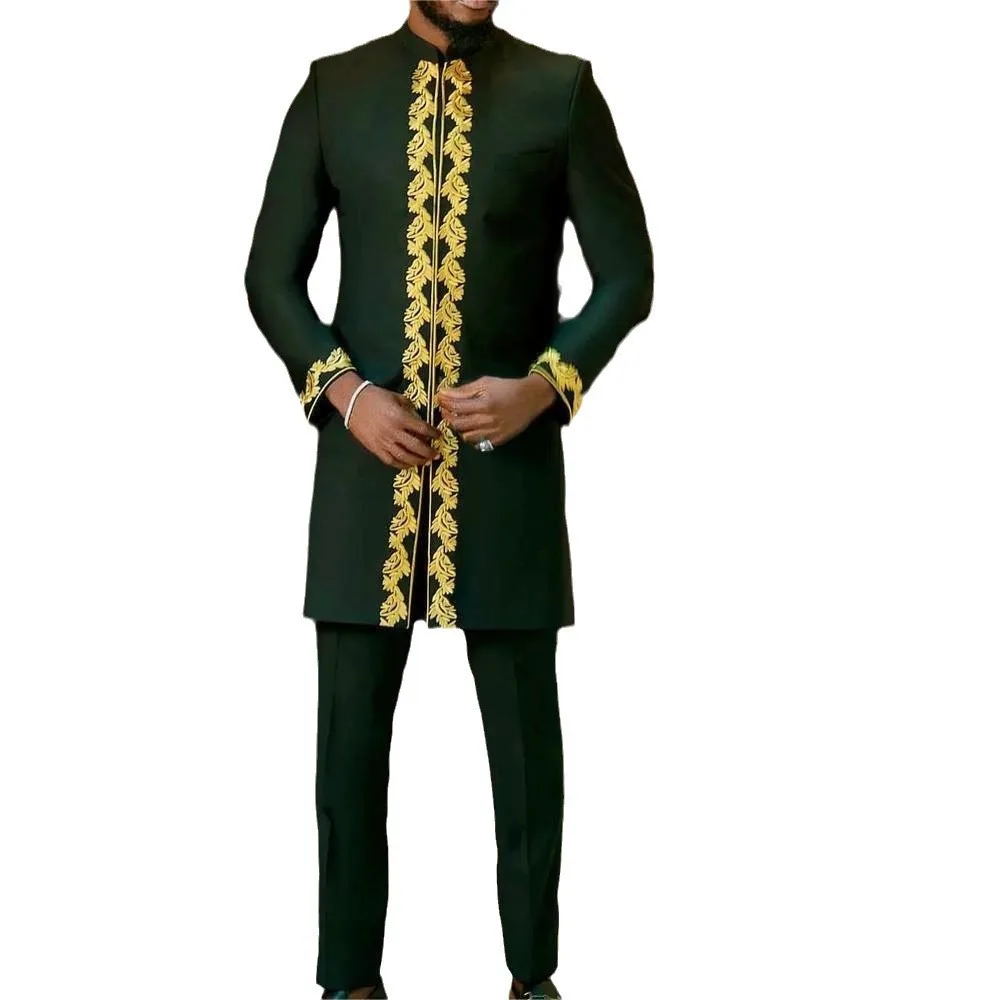 Men's suit pants set embroidered round neck long sleeved solid color two-piece set, social ethnic men's clothing style