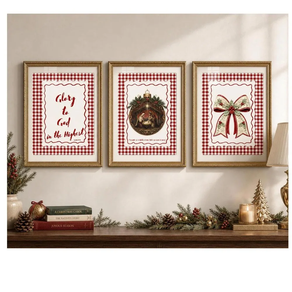 Christmas Wall Art Set of 3 Printable,Red Gingham Nativity Bow Scripture Prints,Christian Holiday Decor Bundle, Digital Download