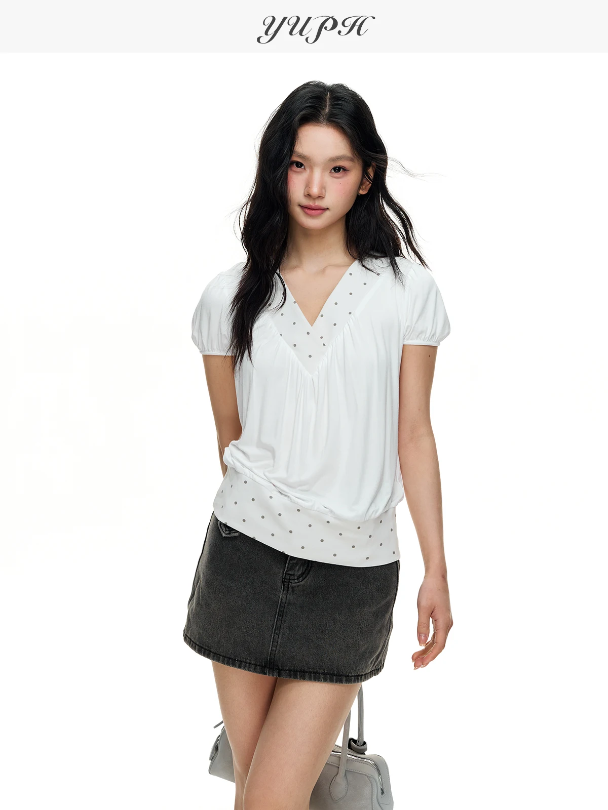 YUPH Original Polka Dot Bubble Sleeve T-Shirt V-Neck Pleated Short Sleeve Vintage Millennium Korean Style White Top for Girls