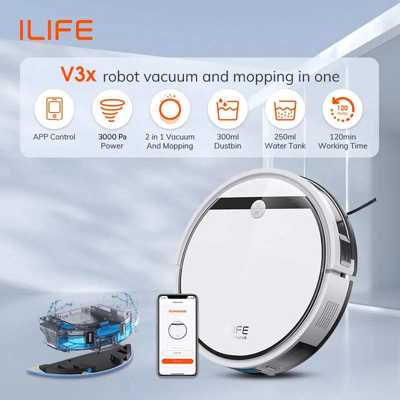 ILIFE-Robot aspirador V3X, Combo de fregona, V3s Pro actualizado, Compatible con Alexa/Google/WiFi, 120 minutos, 3000Pa, Ideal para pelo de mascotas