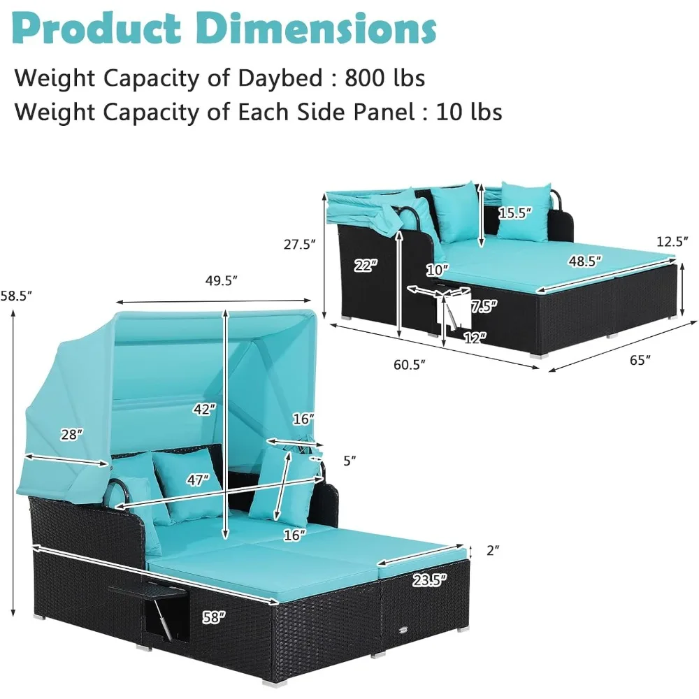 Patio Rattan Daybed with Retractable Canopy,Patiojoy Wicker Sun Lounger with 2 Foldable Side Panels,Thick Seat & Back Cushions