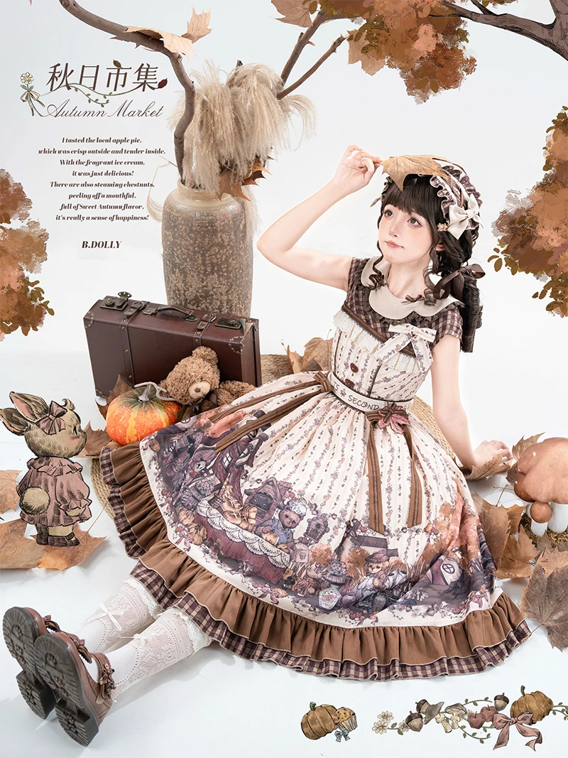 Vintage Elegant CLA Style Lolita Dress Sweet Cartoon Print Doll Collar Short Sleeve Slim Mid-Length Puff Dress Princess OP Dress