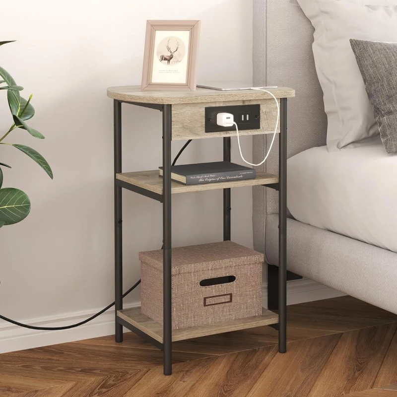 End Tables with Charging Station 3 Tier Side Table End Table with USB Ports & Outlet Narrow Nightstand for Bedroom Greige Black