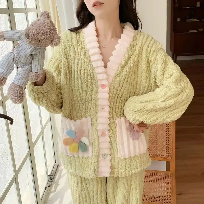 2PCS/Set Thickened Warm Monthly Pregnant Women\'s Clothing Set Winter Flannel Nursing Pajamas Long Sleeve Large Size Homewear