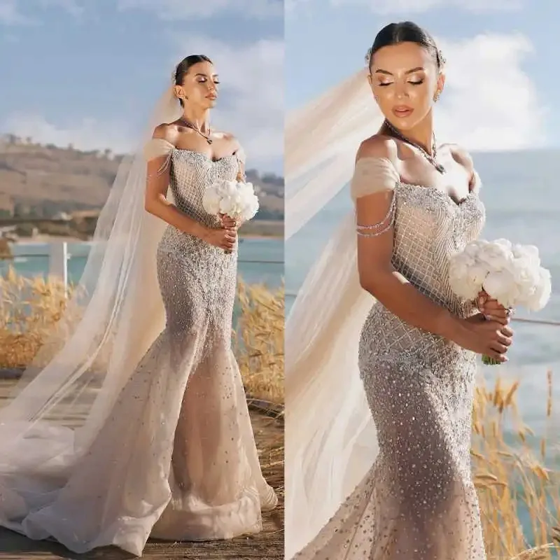 

Customized Gorgeous Mermaid Wedding Dresses Off Shoulder Strapless Crystals Beads Bridal Gowns Prom Dresses Vestido de novia