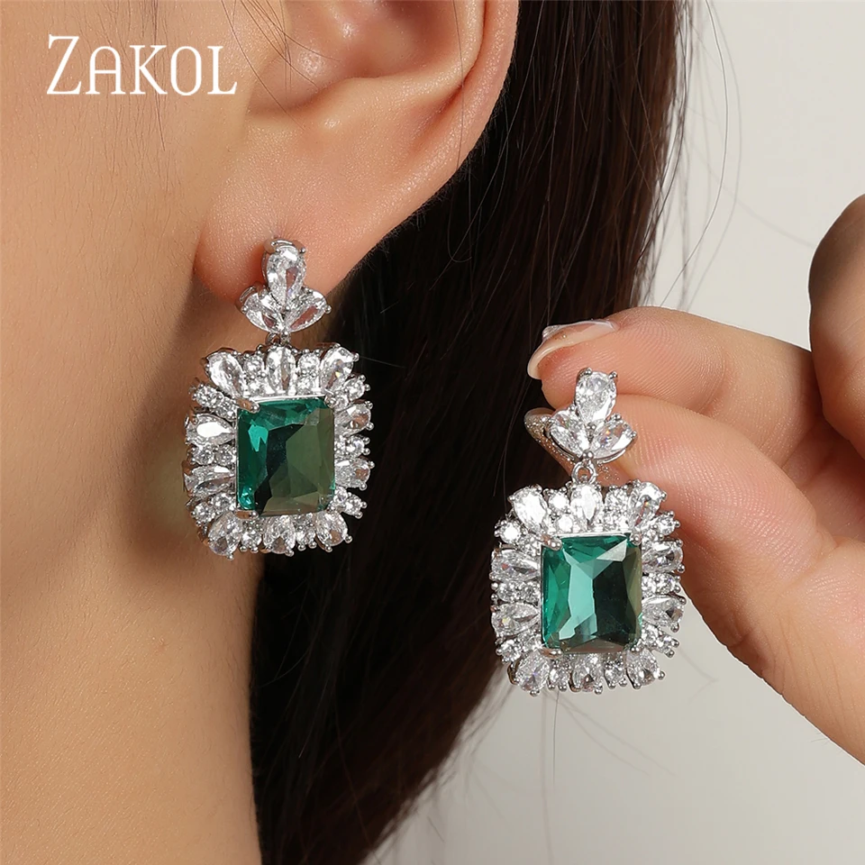 ZAKOL Luxury Green Shiny AAA Zircon Drop Earrings for Women Gorgeous Dubai Earring Party Jewelry