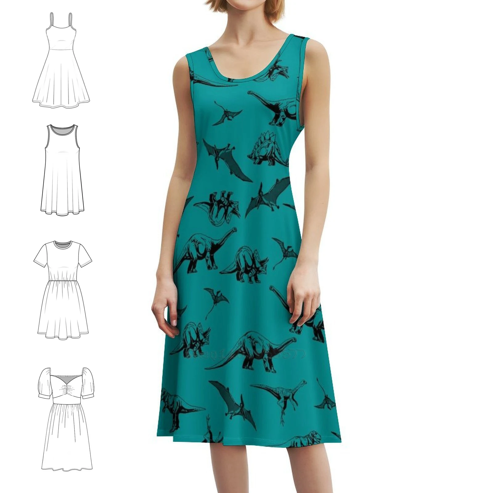

Динозавры на бирюзовом фоне, винтажное богемное платье с пышными рукавами или варианты без рукавов для женщин, платье бирюзового и черного динозавра