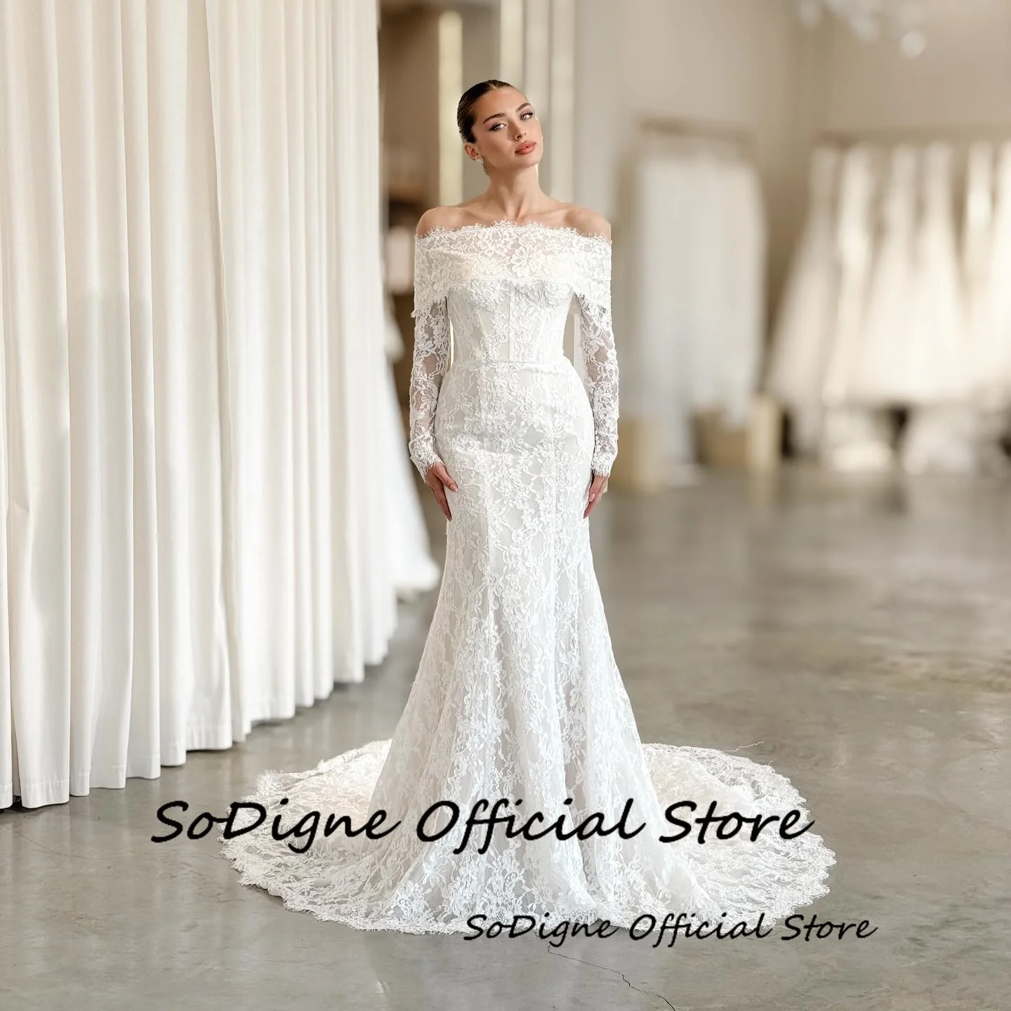 SoDigne Zeemeermin Kant Trouwjurken Off Schouder Lange Mouwen Bruidsjurk 2026 Boho Bruid Jurk vestidos de novia Aangepaste