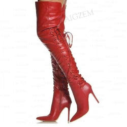 DOHBANER Women Over Knee High Boots Side Zip Stiletto High Heels Faux Leather Tall Boots Lace Up Shoes Woman Big Size 40 43 47
