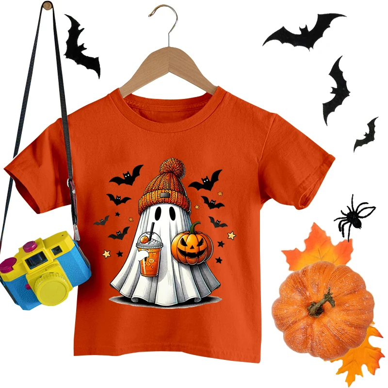 

Halloween Ghost Pumpkin Bat Print T-shirts For Boys And Girls O Neck Short-sleeved T-shirt Casaul Tops Happy Halloween Tshirt