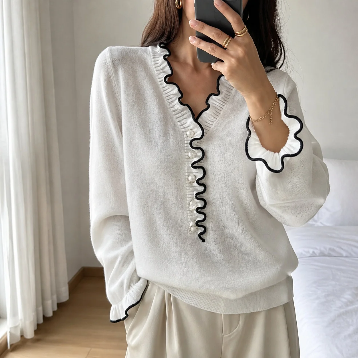 Women's V Neck Three Quarter Flared Sleeve Fitted Waist Solid Color Single Breasted Cardigan For Women Sweater Elegant Knit
