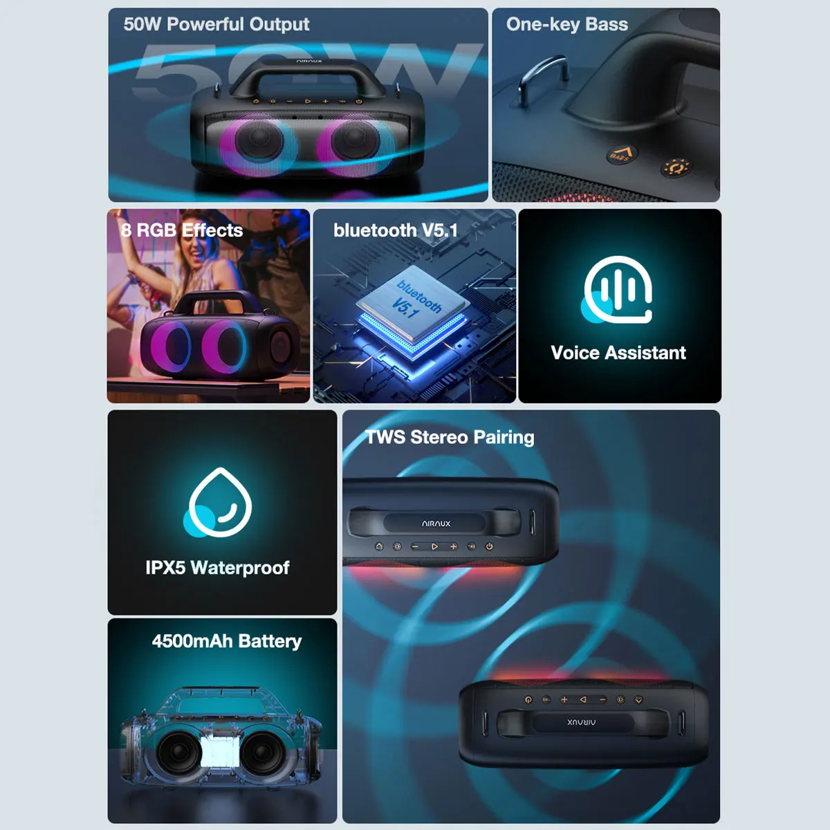 AirAux AA-DH1 لاسلكي TWS مضخم صوت محمول مكبر صوت ضد الماء RGB ملون الدورية ضوء وماض سمّاعات بلوتوث ترقية