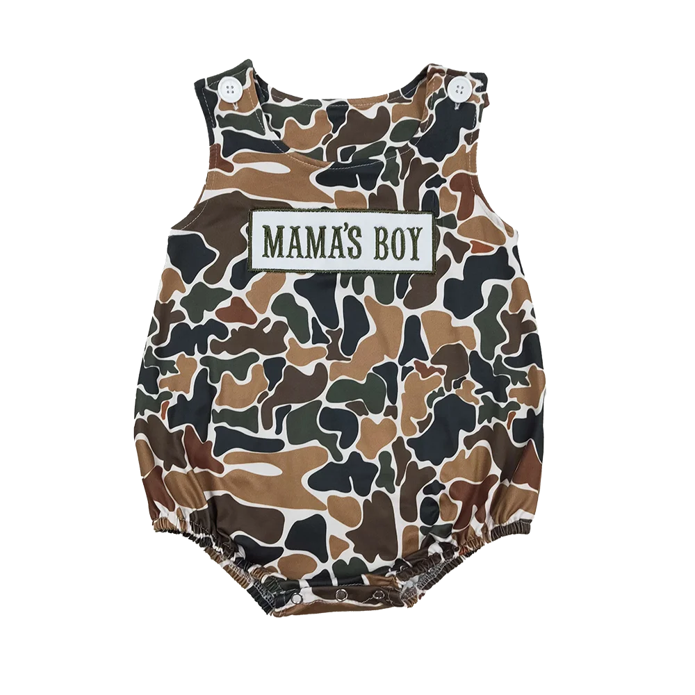 

NEW RTS Embroidery Mama's Boy Sleeveless Southern Dark Brown Camo Rompers