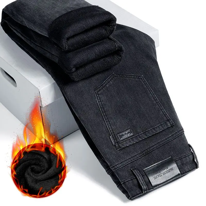 New Winter Business Men's Fleece Jeans Casual Straight Stretch Fashion Classic Blue Black Work Pant Denim Trousers Male Clothing