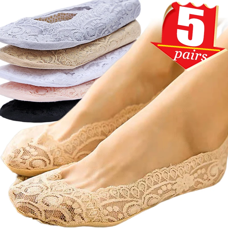 

3/5Pairs Summer Women Boat Socks Slippers Non-slip Breathable Lace Flower Invisible Sock Non-slip Cool Thin Ankle Short Sock