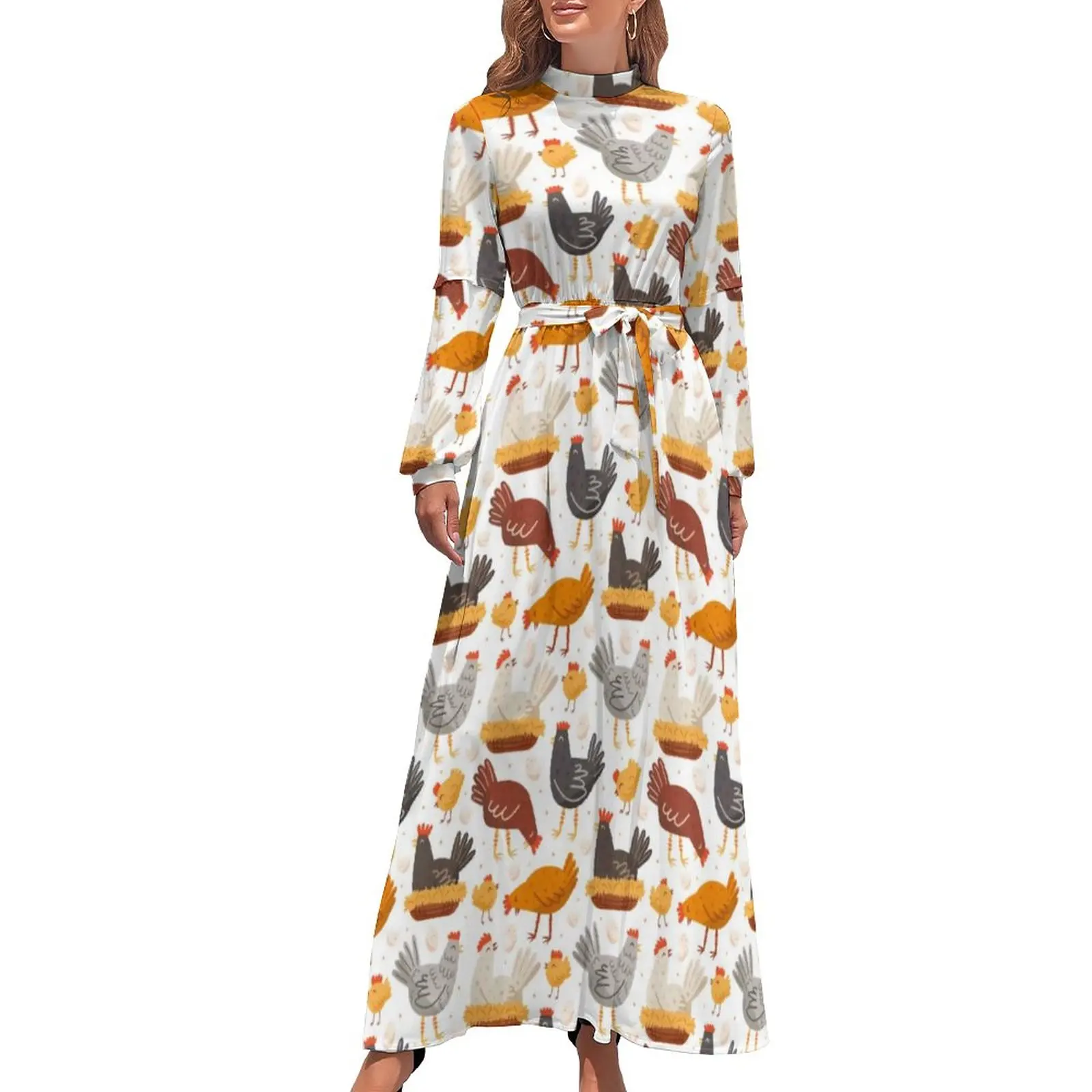 

Funny Chicken Print Dress Easter Egg Pattern Street Style Bohemia Dresses Female Long-Sleeve High Waist Vintage Long Maxi Dress